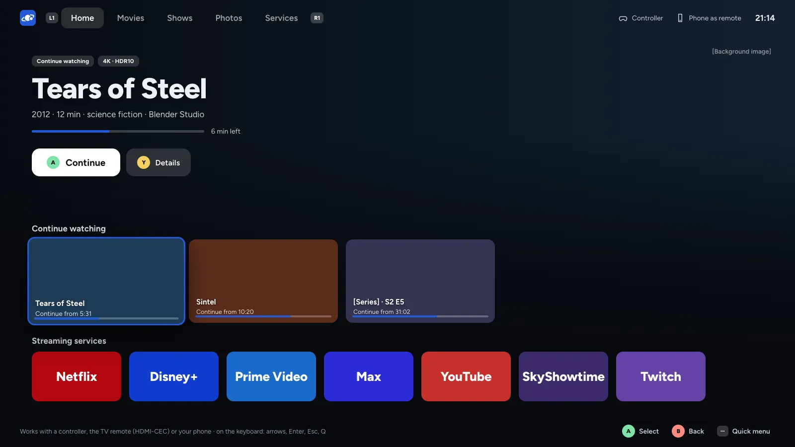 Cinema mode with films in progress and streaming services.
