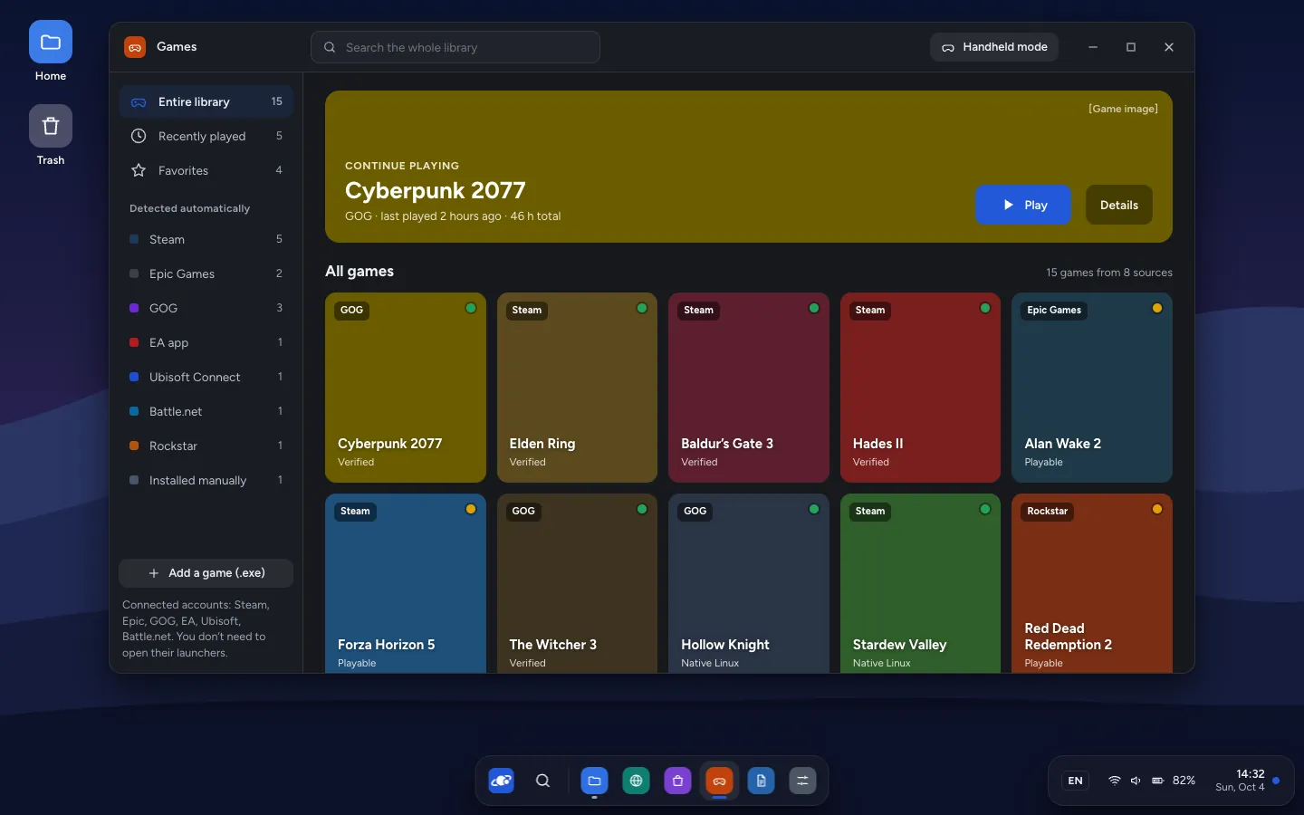Games app with games from several stores, each with a compatibility status.