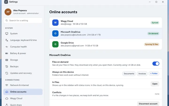 Online accounts: Wagg Cloud, OneDrive and Google Drive, with files on demand.