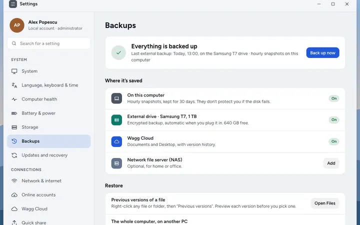 Backups to the computer, an external disk and Wagg Cloud, plus the vault.