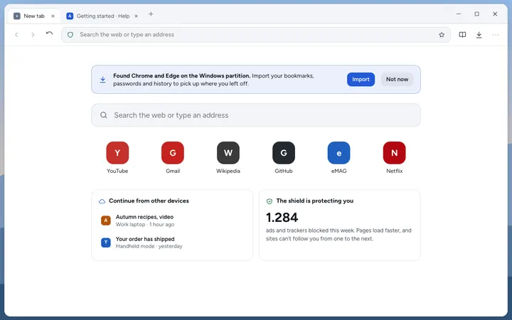 The browser with the tracker shield and import from Chrome.