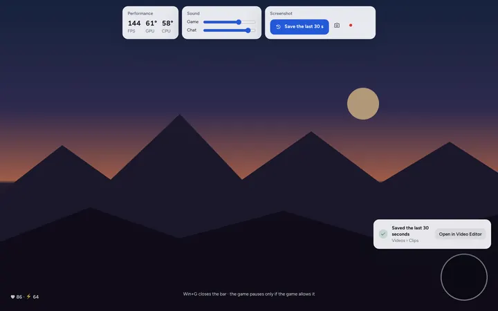 The game bar over a game: FPS, temperatures, volume and save the last 30 seconds.