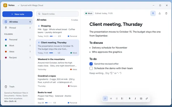 Notes with folders, a checklist and search.