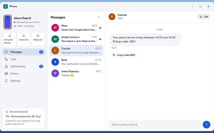 The Phone app with text messages and a copy-the-code button.