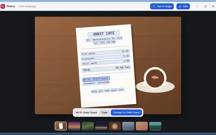 Photos selecting text on a café receipt, with a Wi-Fi connect button.