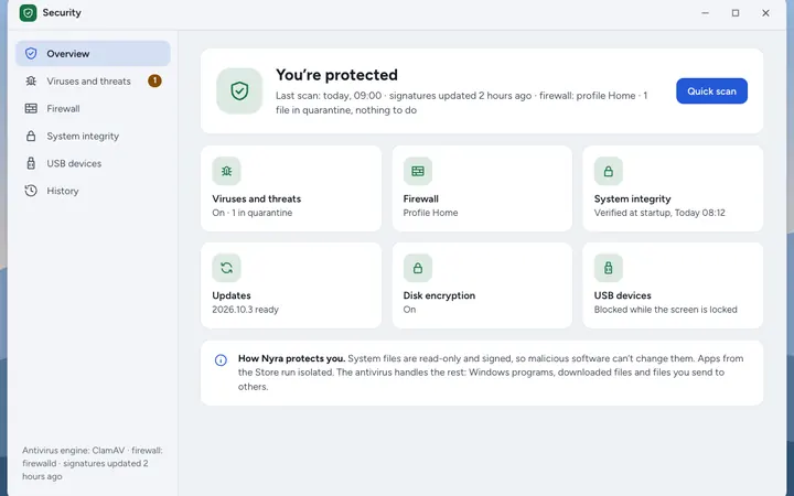 The Security app: firewall, virus scan and system integrity, all fine.