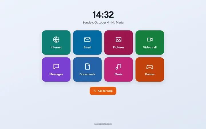 Simple mode: eight big tiles and an Ask for help button.