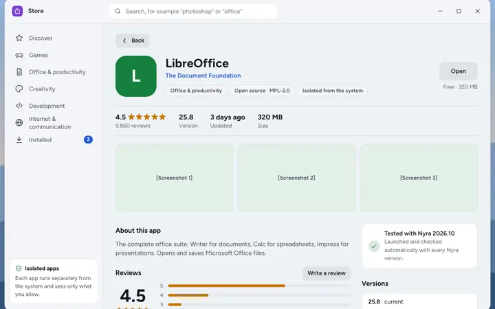 The Store showing an app page with reviews and permissions.