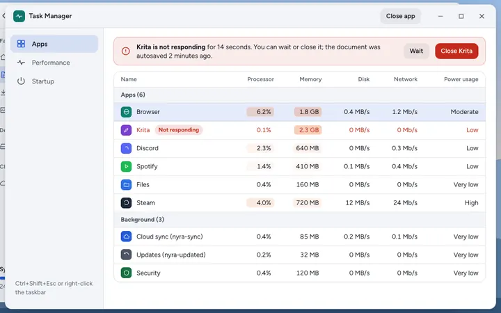 Task Manager with one app not responding and an option to close it.