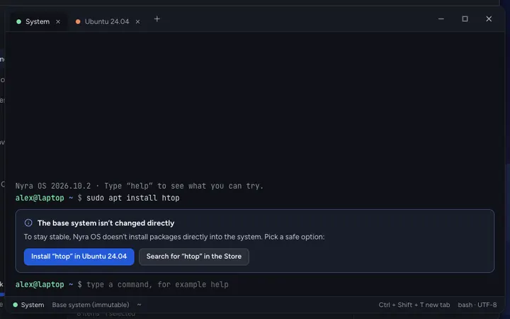 A terminal with an Ubuntu container next to the clean base system.
