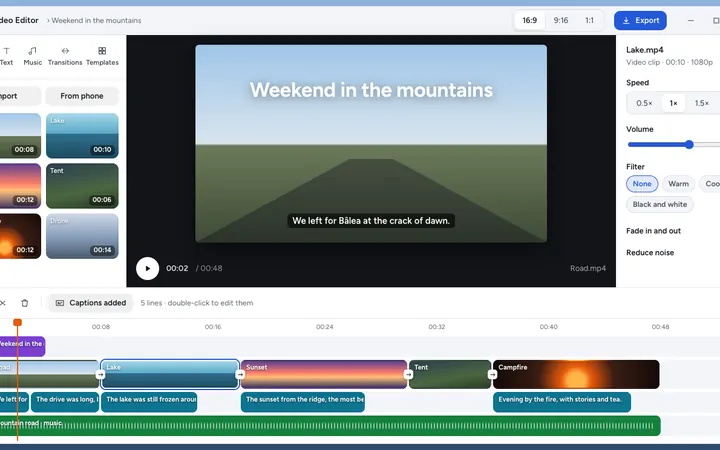 The video editor with a timeline, music and automatic subtitles.